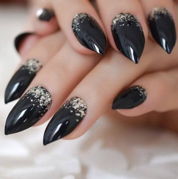 Press On Nails Black Glossy Almond Stiletto Gold Nail Kit - TGC Boutique - Press On Nails