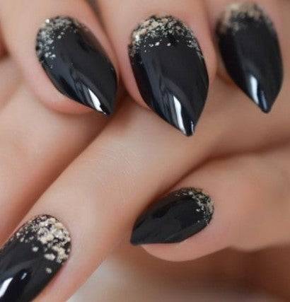 Press On Nails Black Glossy Almond Stiletto Gold Nail Kit - TGC Boutique - Press On Nails