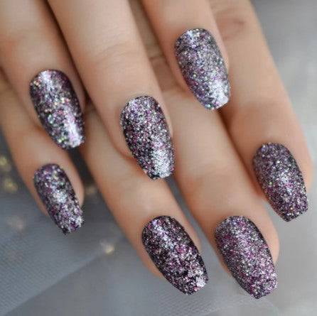 Press On Nails Black Glossy Coffin Pink Glitter Nail Kit - TGC Boutique - Press On Nails