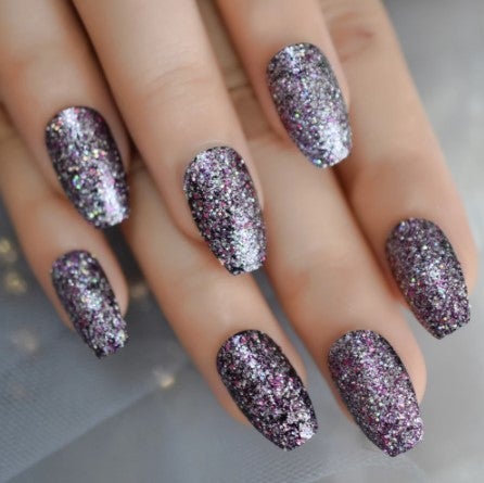 Press On Nails Black Glossy Coffin Pink Glitter Nail Kit - TGC Boutique - Press On Nails