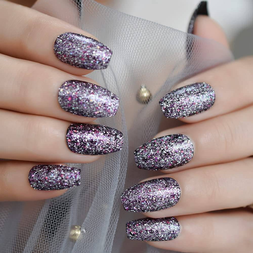 Press On Nails Black Glossy Coffin Pink Glitter Nail Kit - TGC Boutique - Press On Nails