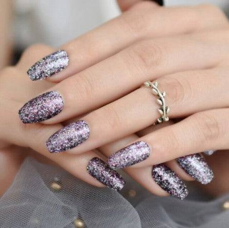 Press On Nails Black Glossy Coffin Pink Glitter Nail Kit - TGC Boutique - Press On Nails