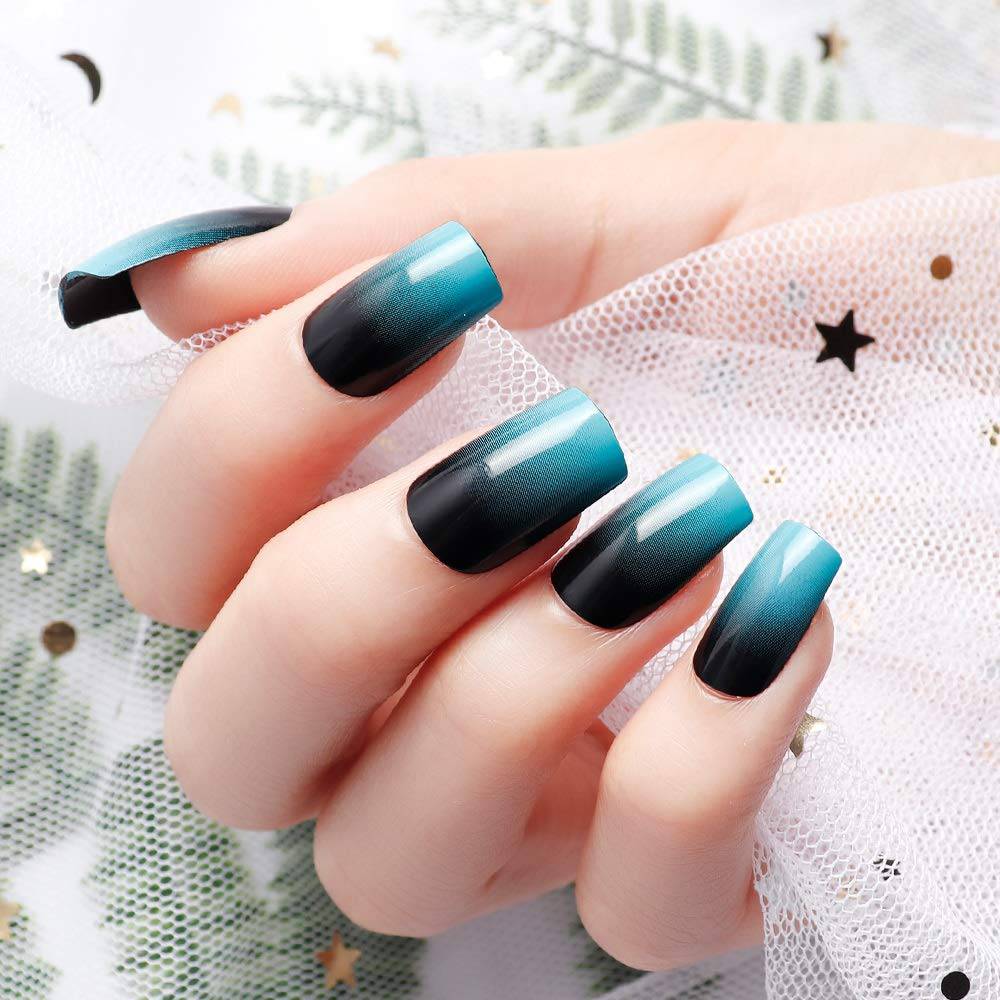 Press On Nails Black Glossy French Blue Square Nail Kit - TGC Boutique - Press On Nails