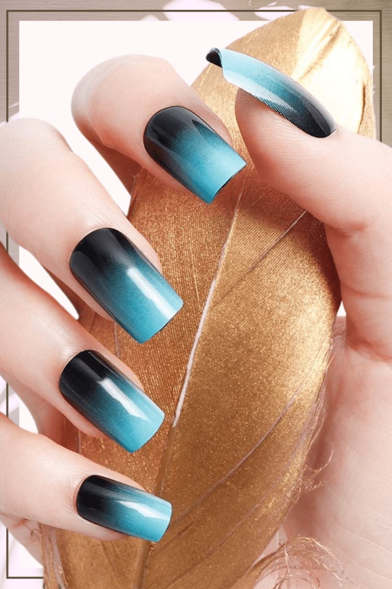 Press On Nails Black Glossy French Blue Square Nail Kit - TGC Boutique - Press On Nails