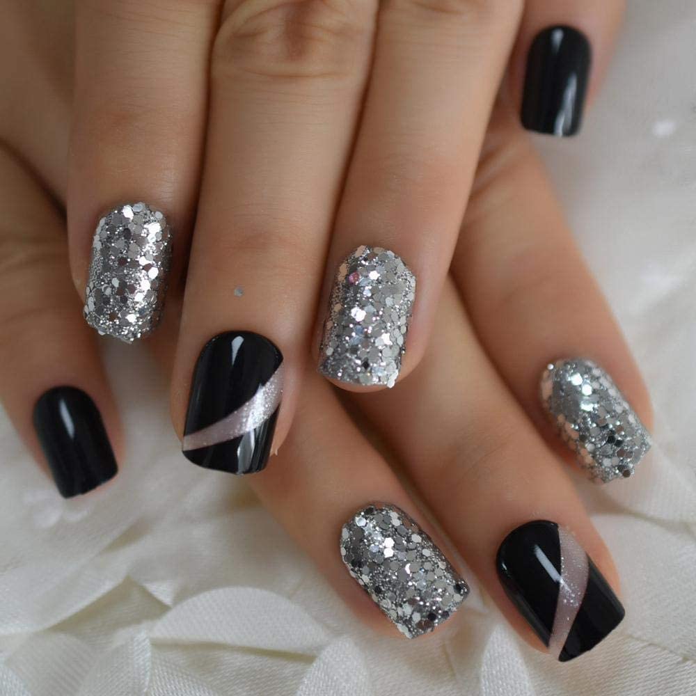 Press On Nails Black Glossy Round Silver Glitter Nail Kit - TGC Boutique - Press On Nails