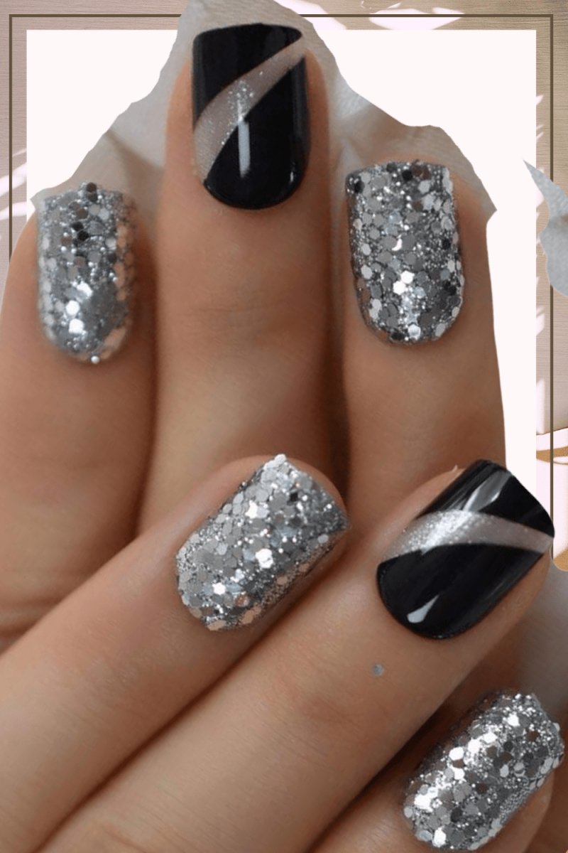 Press On Nails Black Glossy Round Silver Glitter Nail Kit - TGC Boutique - Press On Nails