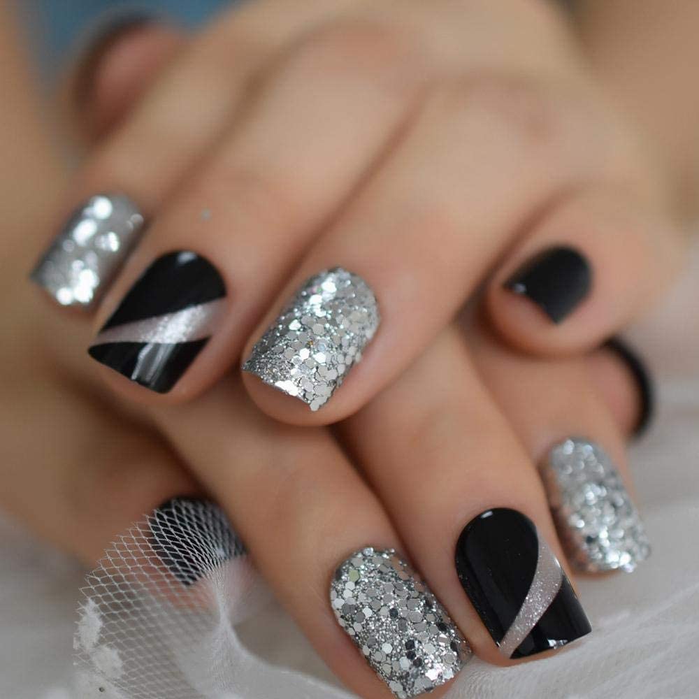 Press On Nails Black Glossy Round Silver Glitter Nail Kit - TGC Boutique - Press On Nails
