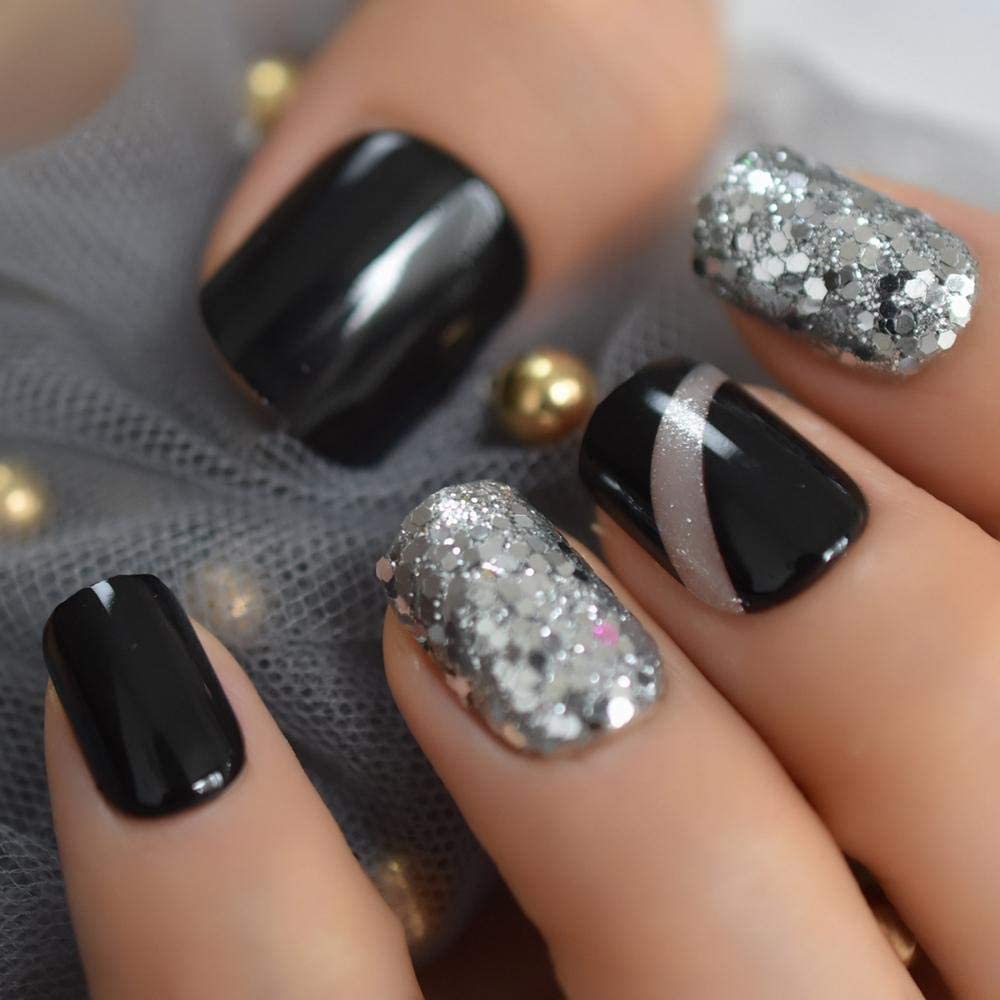 Press On Nails Black Glossy Round Silver Glitter Nail Kit - TGC Boutique - Press On Nails