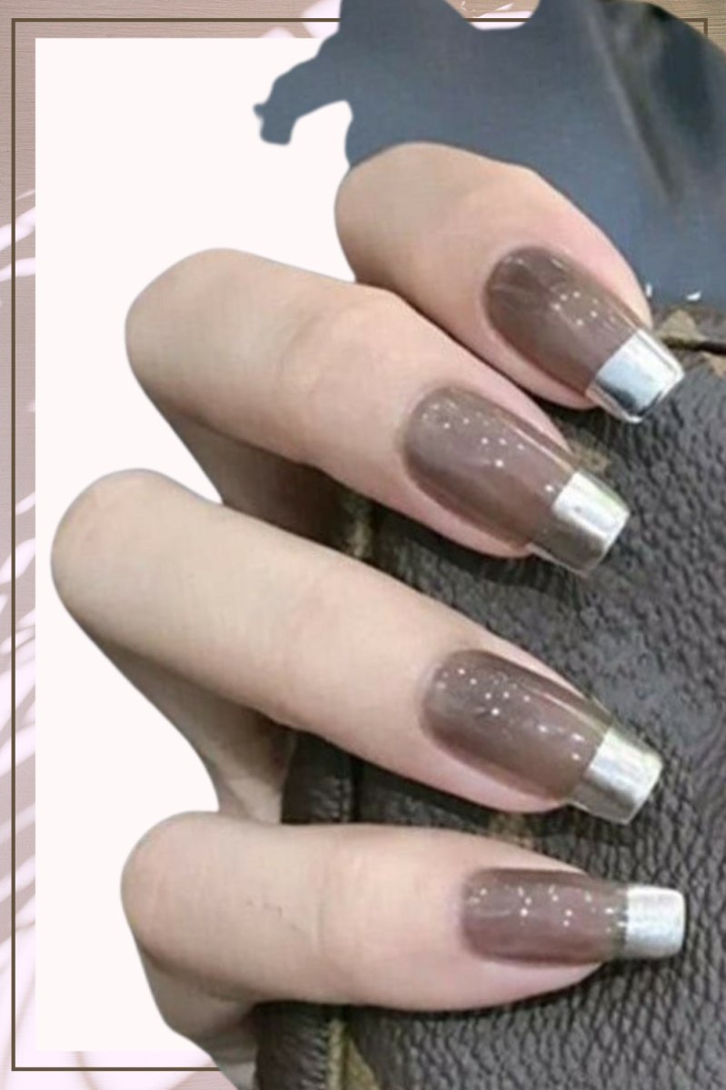 Press On Nails Black Glossy Silver French Square Nail Kit - TGC Boutique - Press On Nails