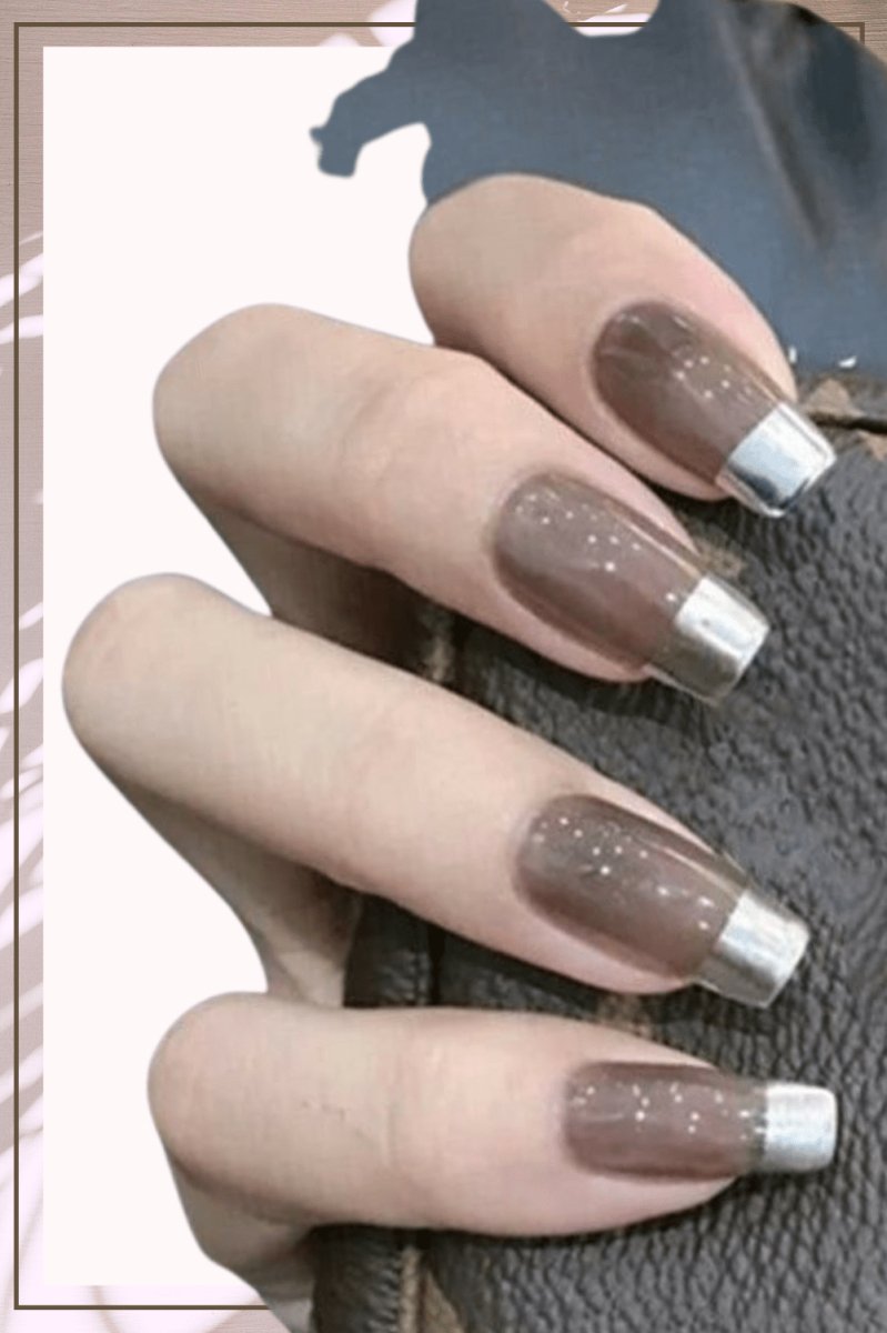 Press On Nails Black Glossy Silver French Square Nail Kit - TGC Boutique - Press On Nails
