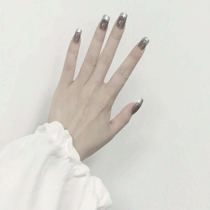 Press On Nails Black Glossy Silver French Square Nail Kit - TGC Boutique - Press On Nails