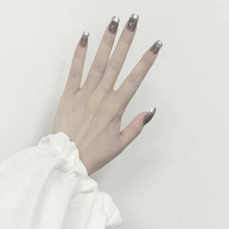 Press On Nails Black Glossy Silver French Square Nail Kit - TGC Boutique - Press On Nails