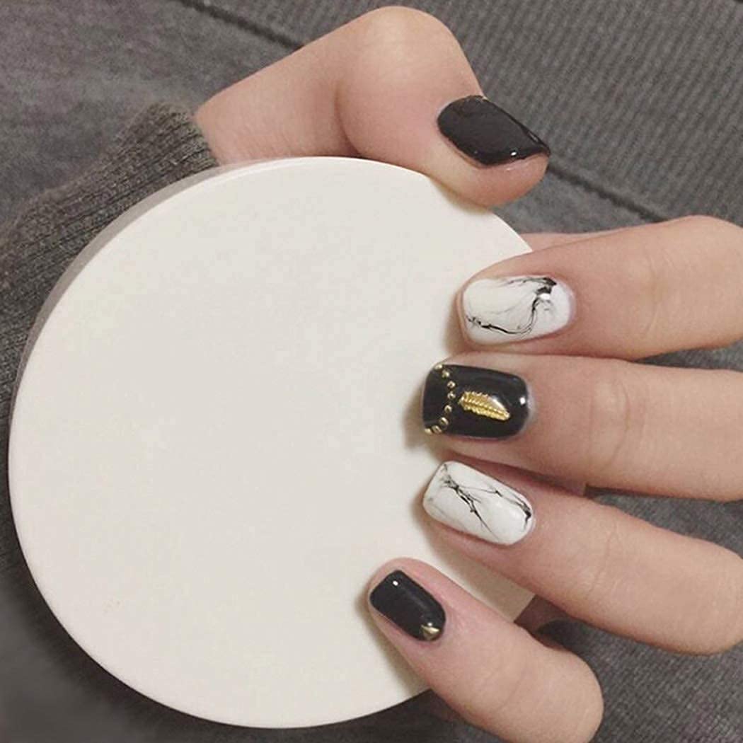Press On Nails Black Glossy White Square Marble Nail Kit - TGC Boutique - Press On Nails