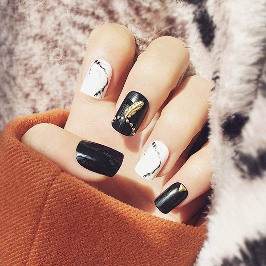 Press On Nails Black Glossy White Square Marble Nail Kit - TGC Boutique - Press On Nails