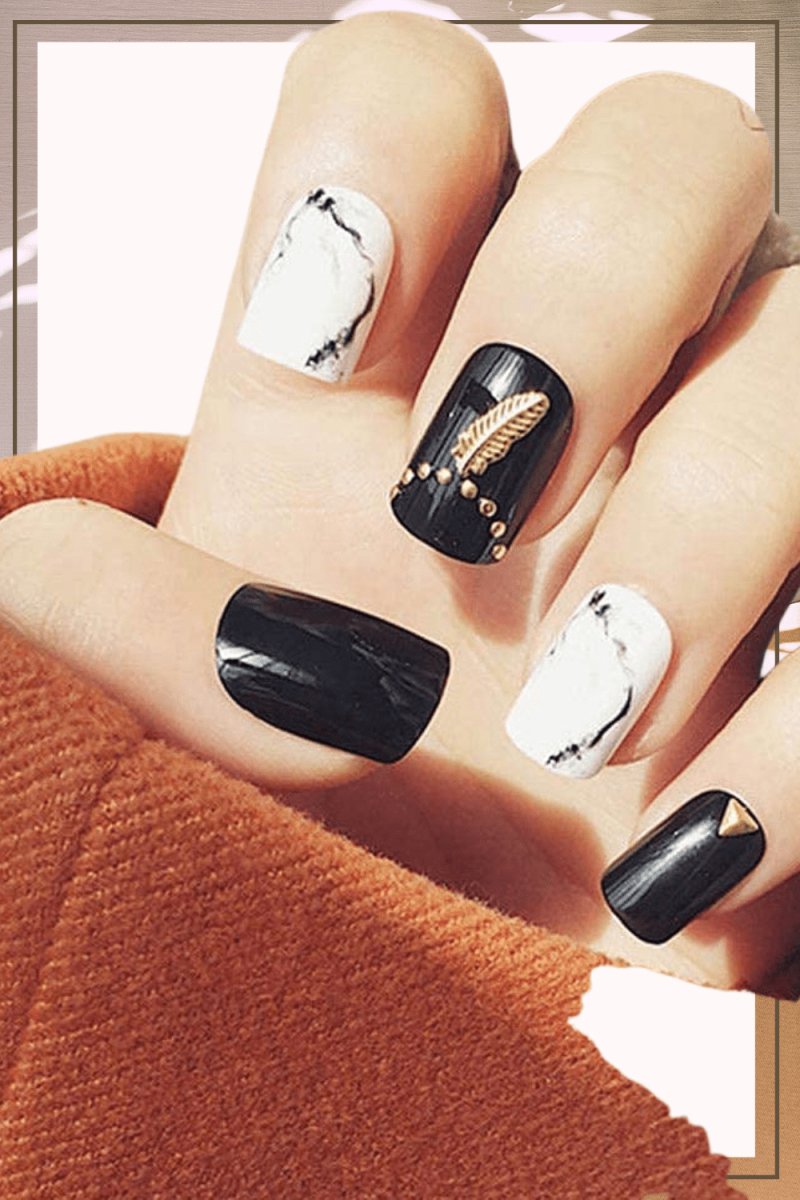 Press On Nails Black Glossy White Square Marble Nail Kit - TGC Boutique - Press On Nails