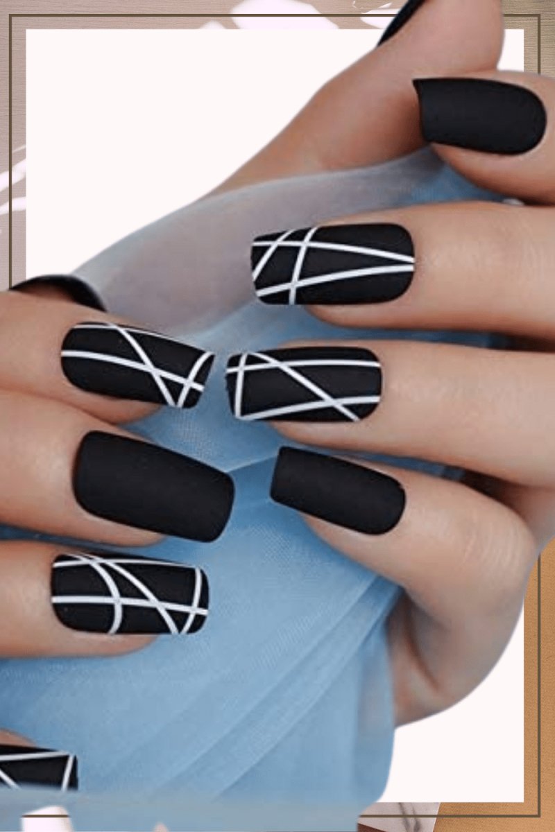 Press On Nails Black Matte Square Line Nail Kit - TGC Boutique - Press On Nails