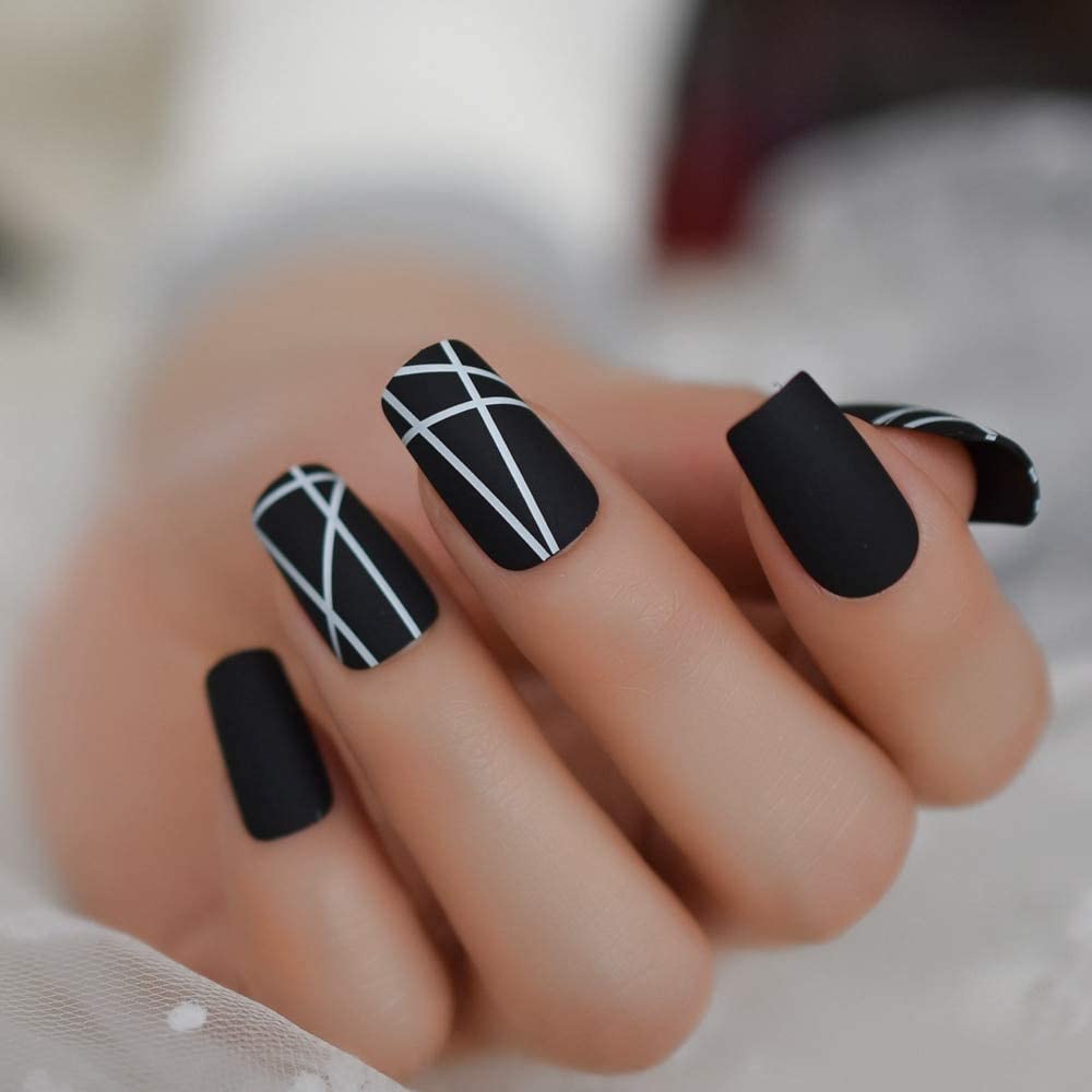Press On Nails Black Matte Square Line Nail Kit - TGC Boutique - Press On Nails