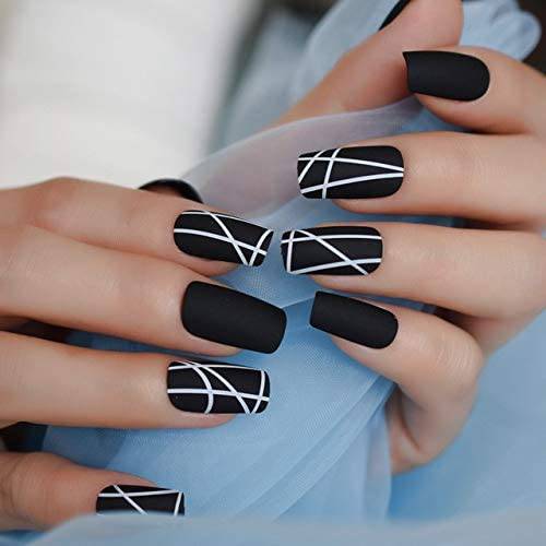 Press On Nails Black Matte Square Line Nail Kit - TGC Boutique - Press On Nails