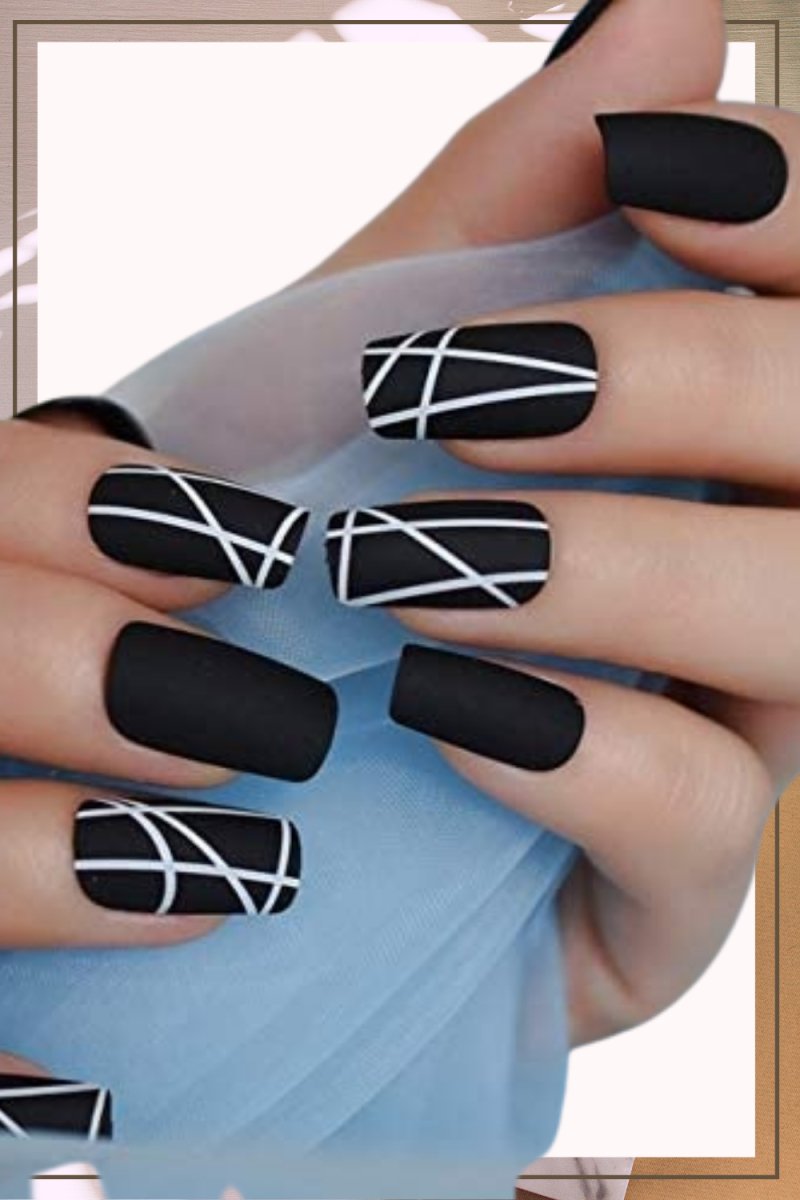 Press On Nails Black Matte Square Line Nail Kit - TGC Boutique - Press On Nails