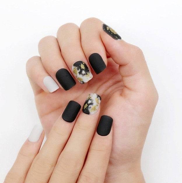 Press On Nails Black Matte White Square Gold Nail Kit - TGC Boutique - Press On Nails