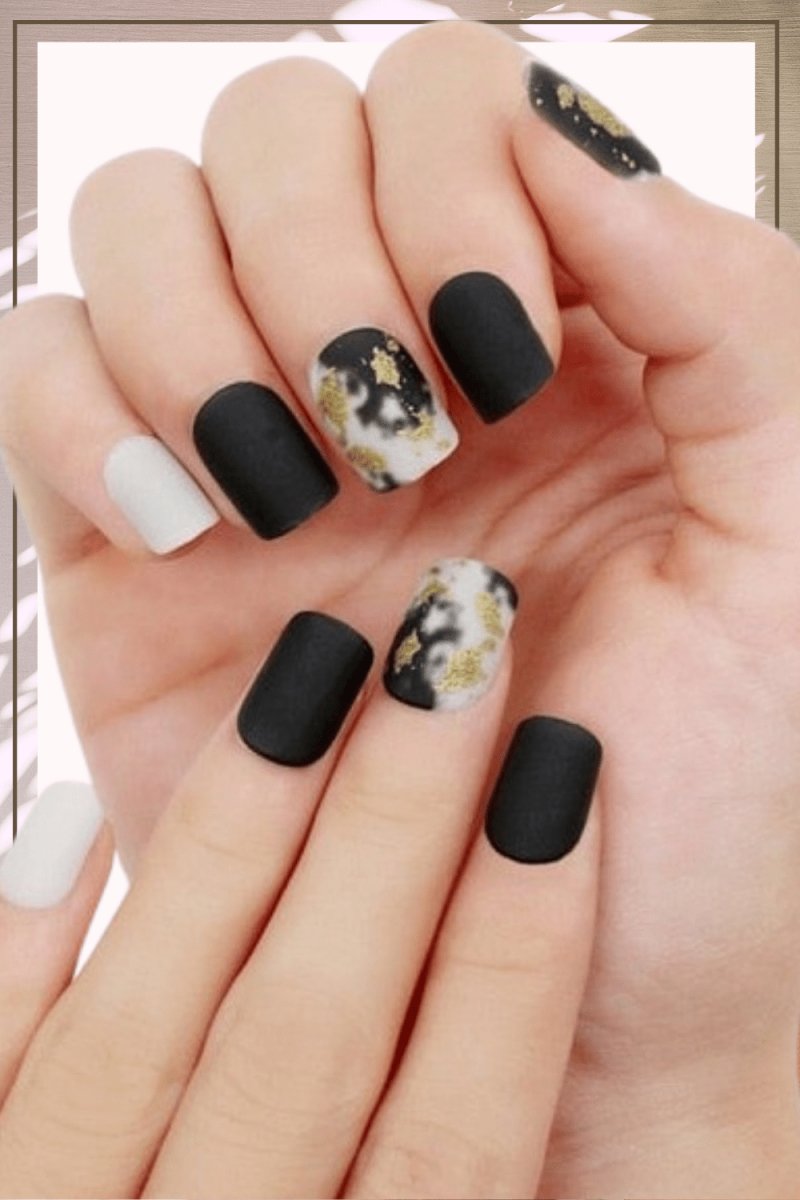 Press On Nails Black Matte White Square Gold Nail Kit - TGC Boutique - Press On Nails