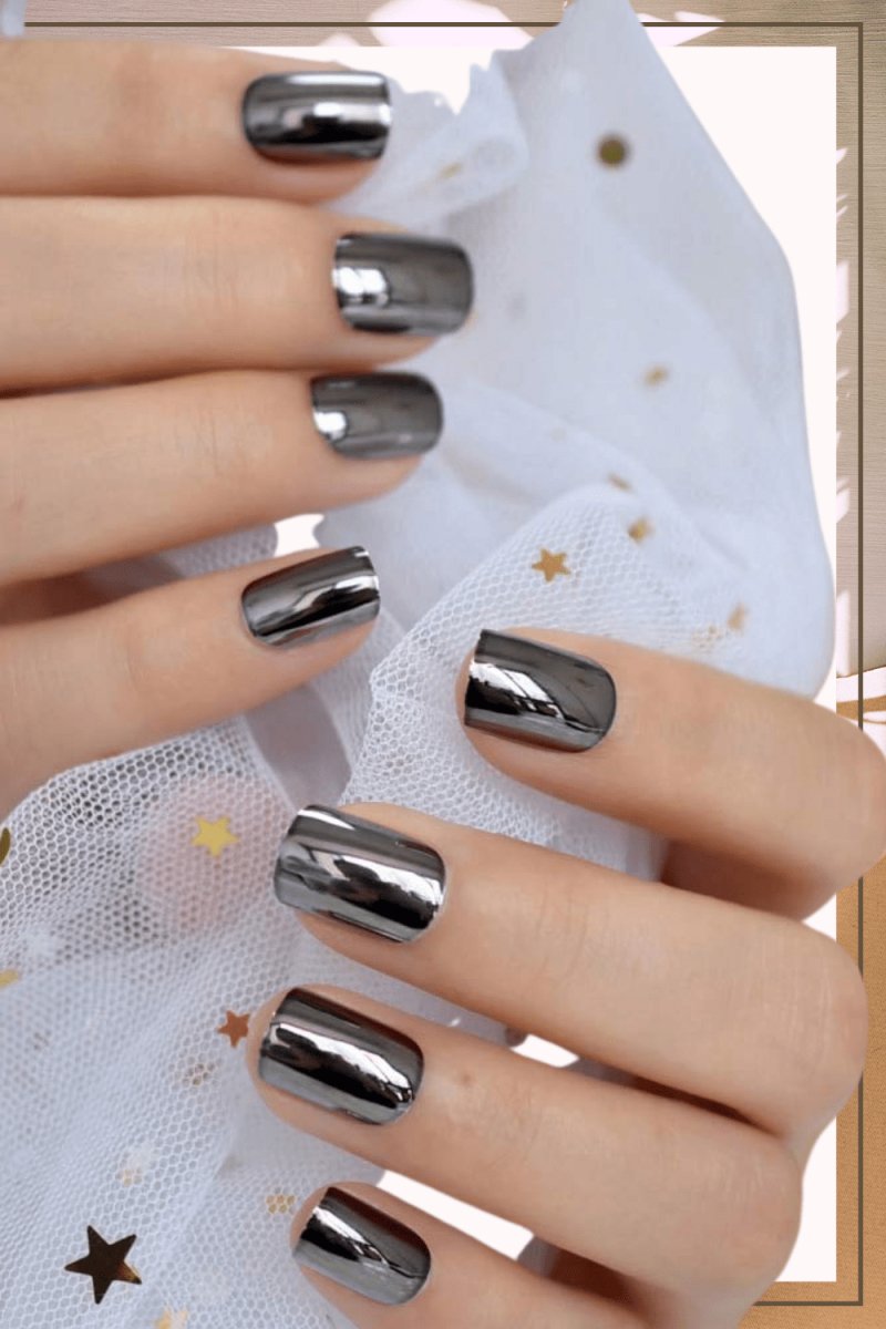 Press On Nails Black Metallic Glossy Square Nail Kit - TGC Boutique - Press On Nails