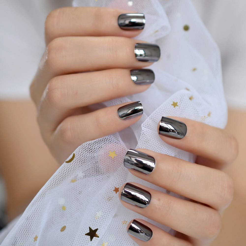 Press On Nails Black Metallic Glossy Square Nail Kit - TGC Boutique - Press On Nails