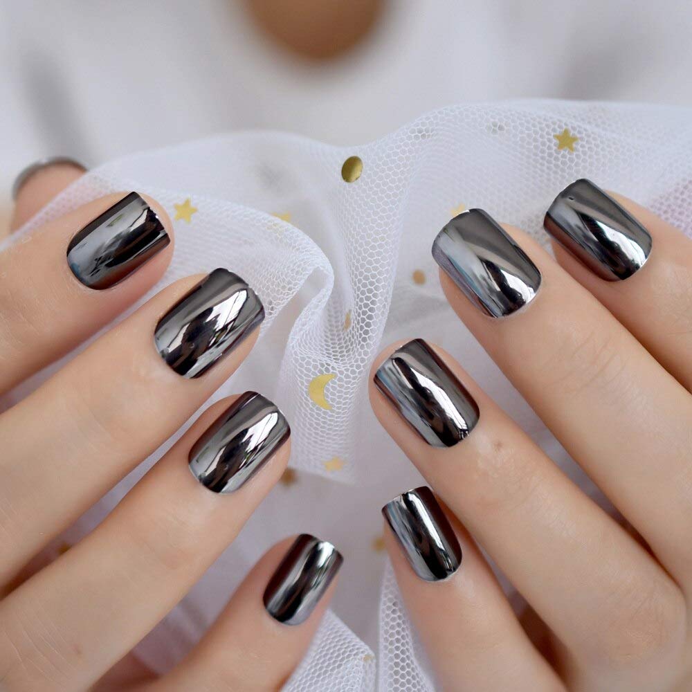 Press On Nails Black Metallic Glossy Square Nail Kit - TGC Boutique - Press On Nails