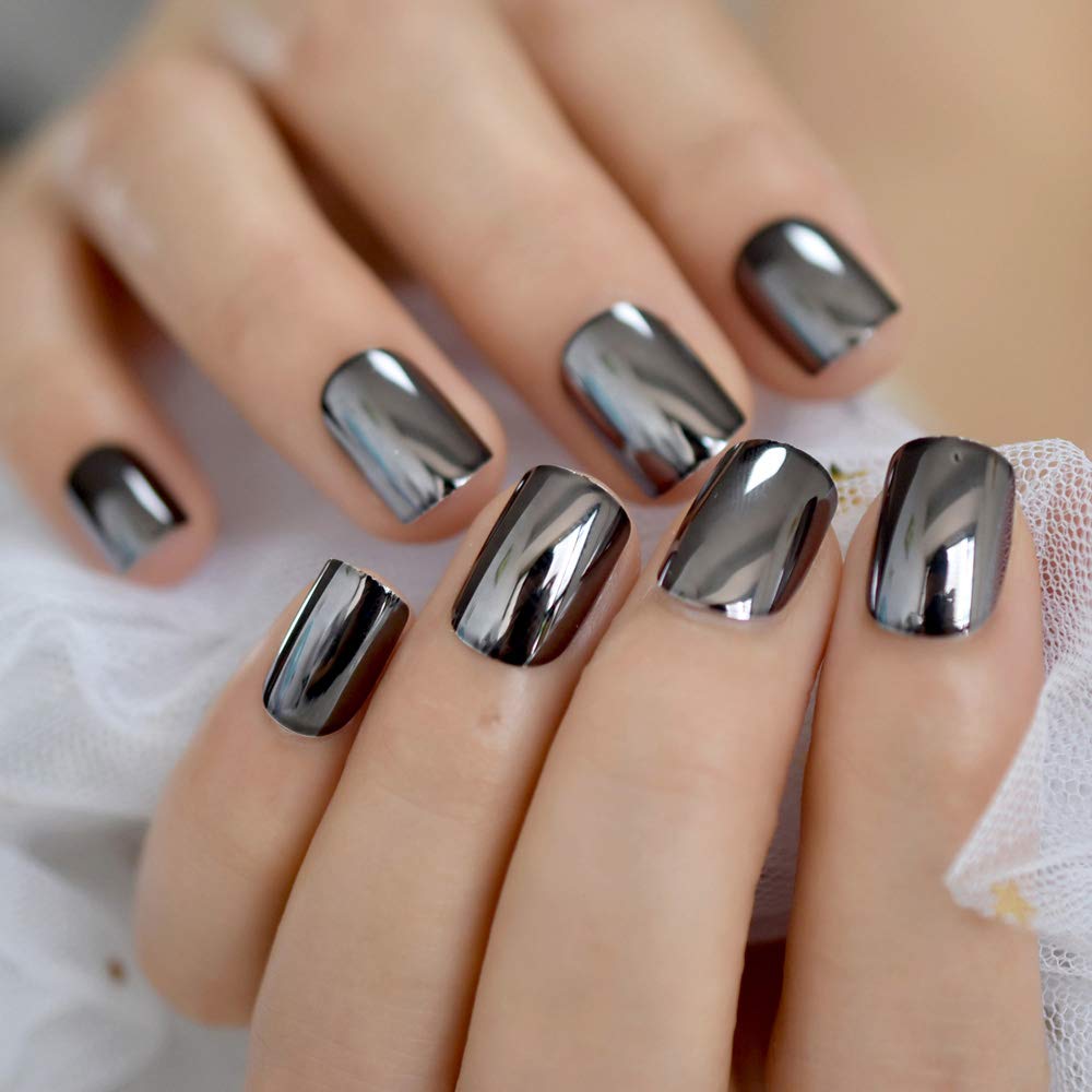 Press On Nails Black Metallic Glossy Square Nail Kit - TGC Boutique - Press On Nails