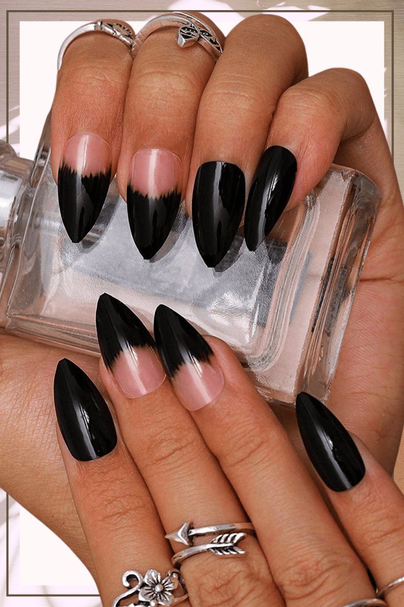 Press On Nails Black Ombre Glossy French Tip Almond Nail Kit - TGC Boutique - Press On Nails