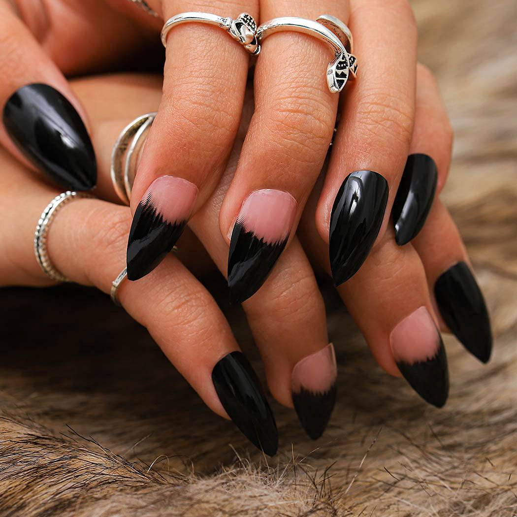 Press On Nails Black Ombre Glossy French Tip Almond Nail Kit - TGC Boutique - Press On Nails