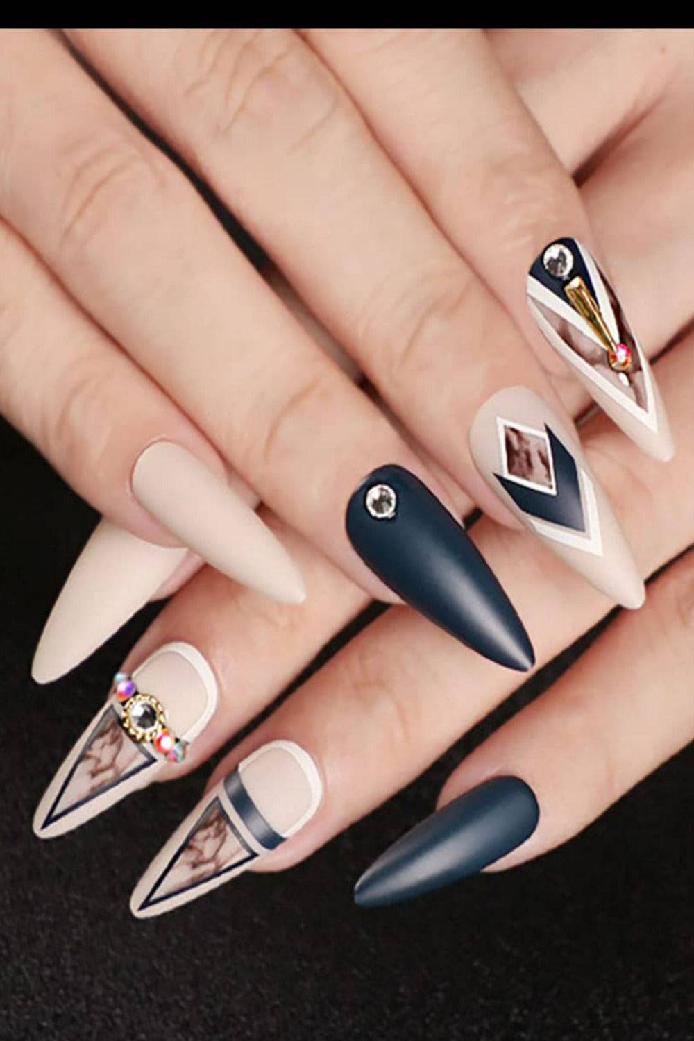 Press On Nails Blue And Nude Matte Stiletto Crystal Nail Kit - TGC Boutique - Press On Nails