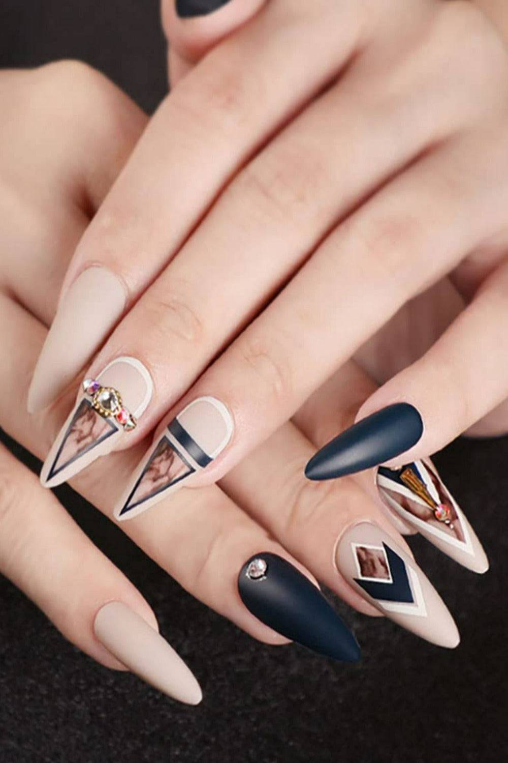 Press On Nails Blue And Nude Matte Stiletto Crystal Nail Kit - TGC Boutique - Press On Nails