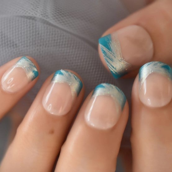 Press On Nails Blue And Silver French Glossy Round Nail Kit - TGC Boutique - Press On Nails