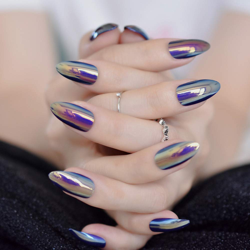 Press On Nails Blue Chrome Glossy Almond Nail Kit - TGC Boutique - Press On Nails