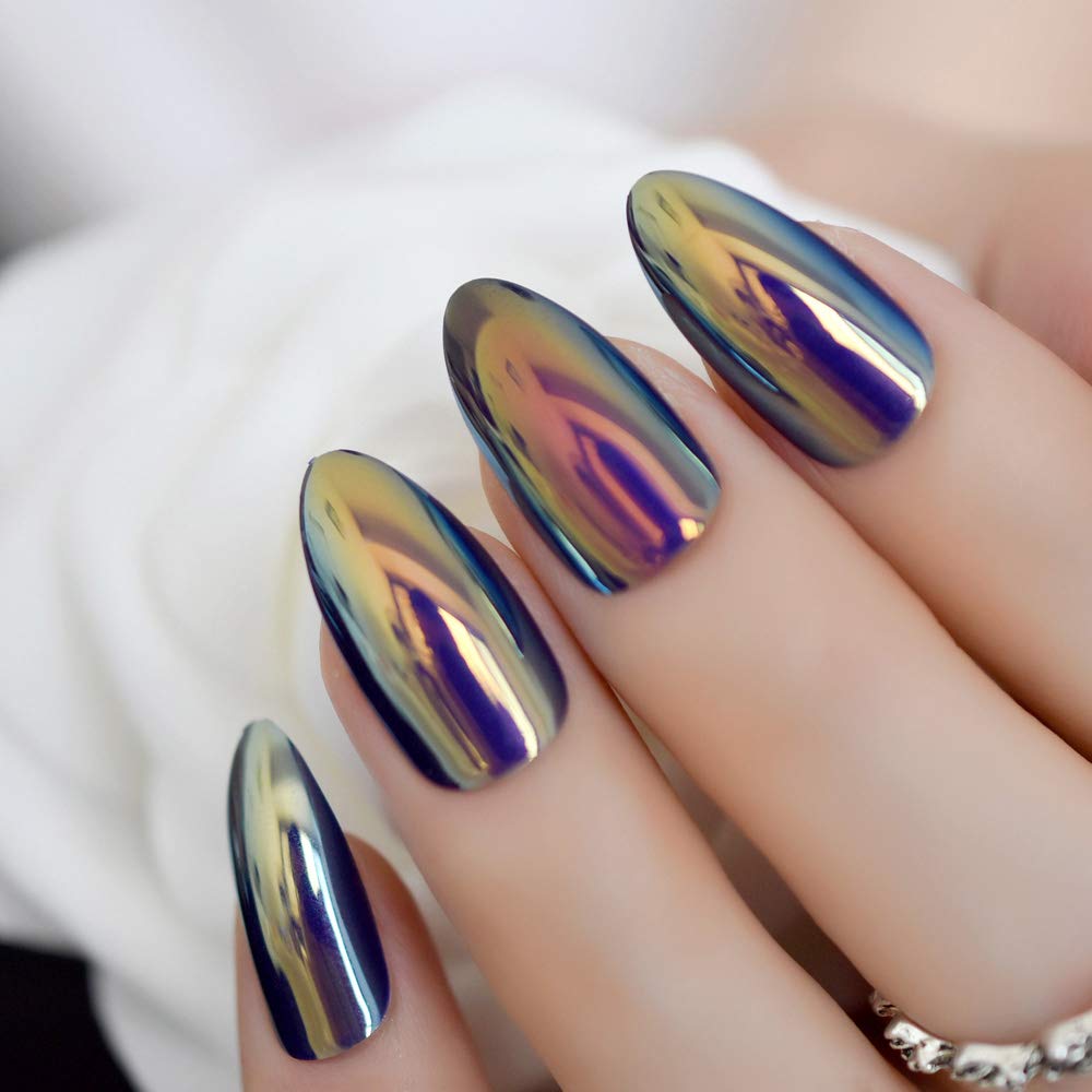 Press On Nails Blue Chrome Glossy Almond Nail Kit - TGC Boutique - Press On Nails