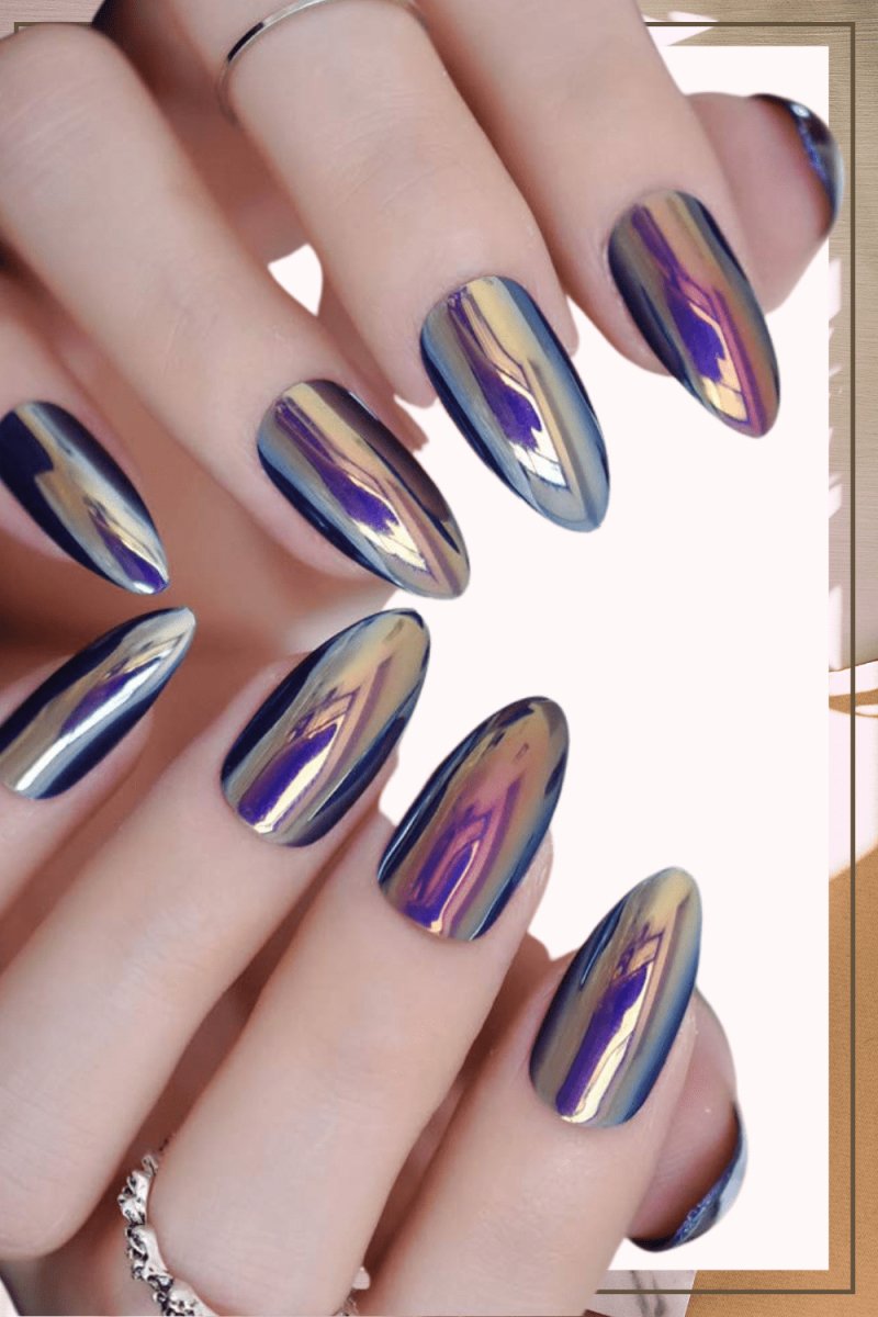 Press On Nails Blue Chrome Glossy Almond Nail Kit - TGC Boutique - Press On Nails