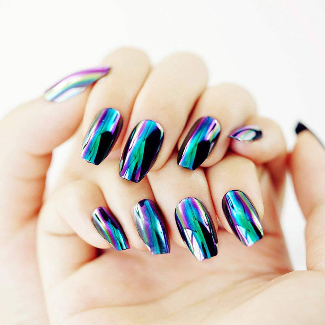 Press On Nails Blue Chrome Glossy Coffin Nail Kit - TGC Boutique - Press On Nails