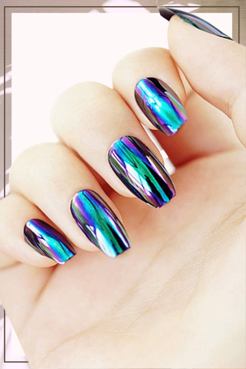 Press On Nails Blue Chrome Glossy Coffin Nail Kit - TGC Boutique - Press On Nails