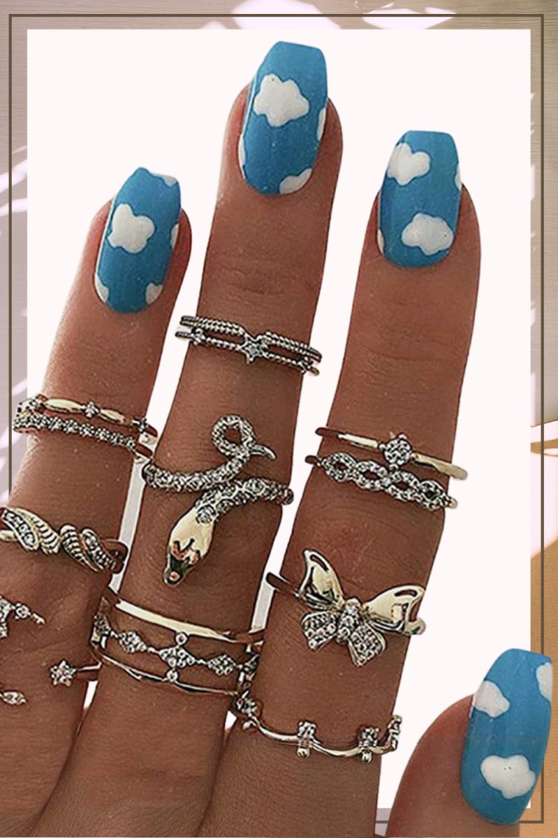Press On Nails Blue Glossy Short Coffin Cloud Nail Kit - TGC Boutique - Press On Nails