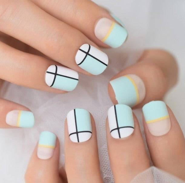 Press On Nails Blue Glossy Square Line Nail Kit - TGC Boutique - Press On Nails