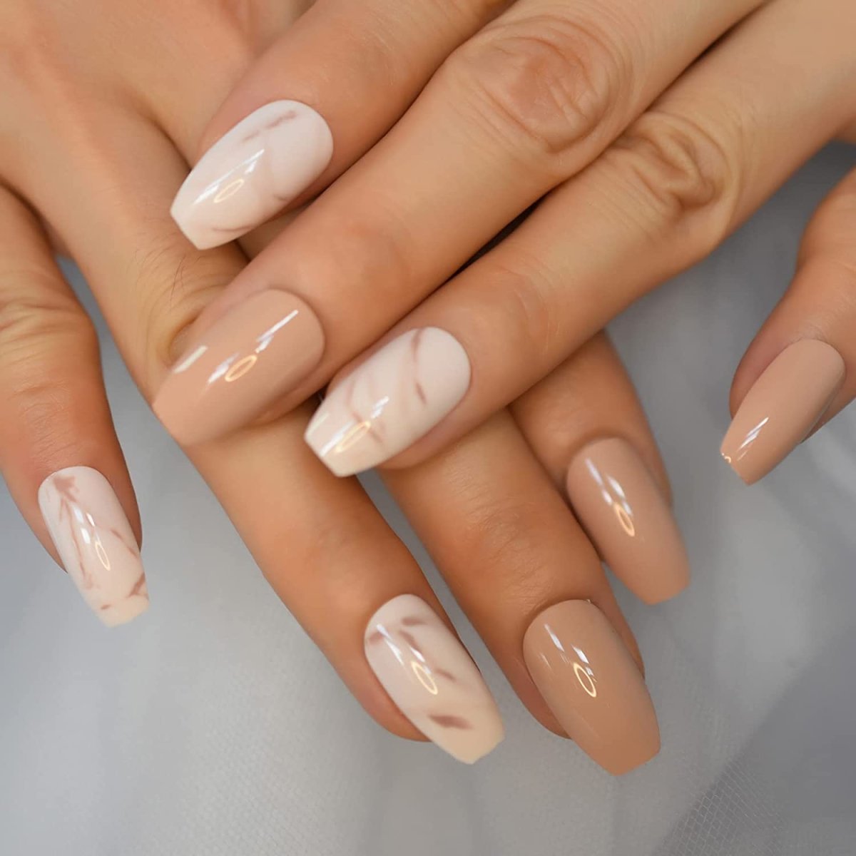 Press On Nails Brown Glossy Marble Coffin Nail Kit - TGC Boutique - Press On Nails