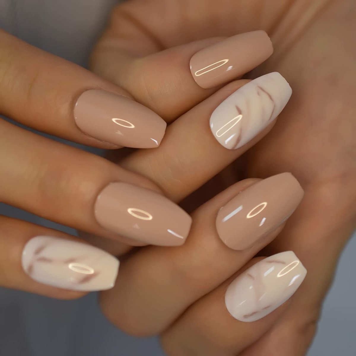 Press On Nails Brown Glossy Marble Coffin Nail Kit - TGC Boutique - Press On Nails