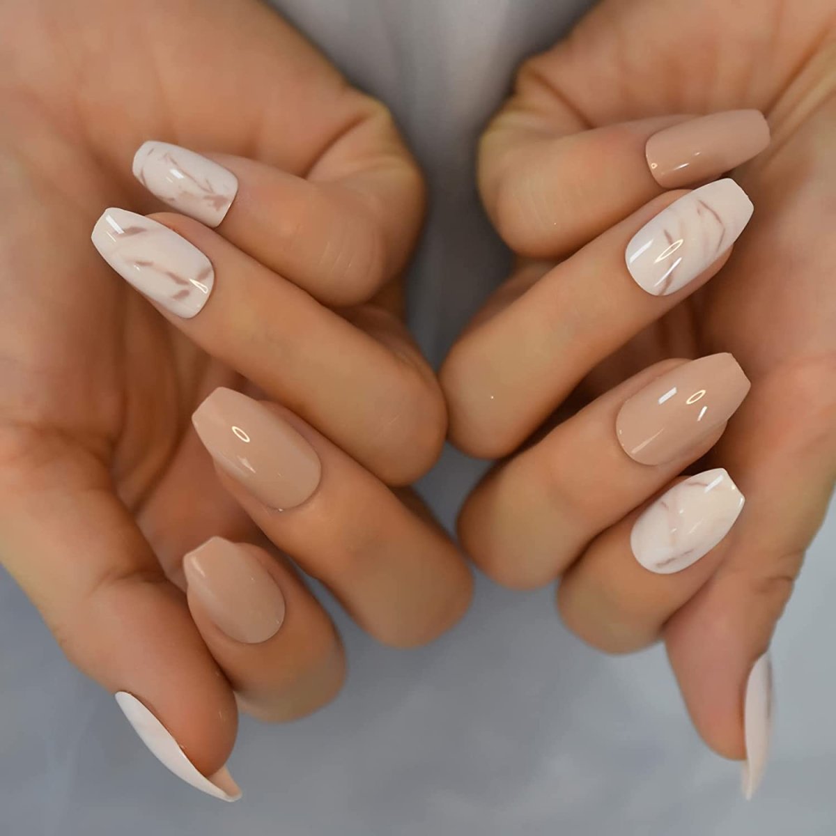Press On Nails Brown Glossy Marble Coffin Nail Kit - TGC Boutique - Press On Nails