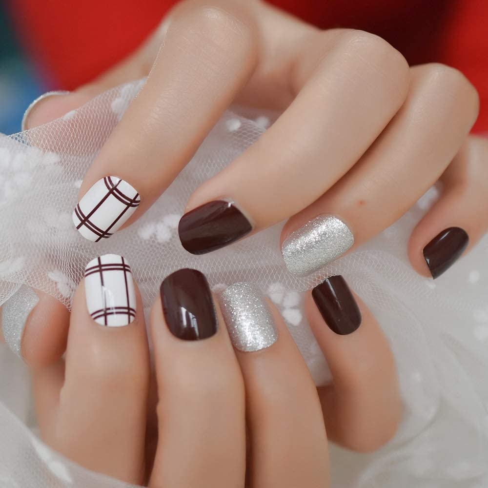 Press On Nails Brown Glossy Square Silver Nail Kit - TGC Boutique - Press On Nails