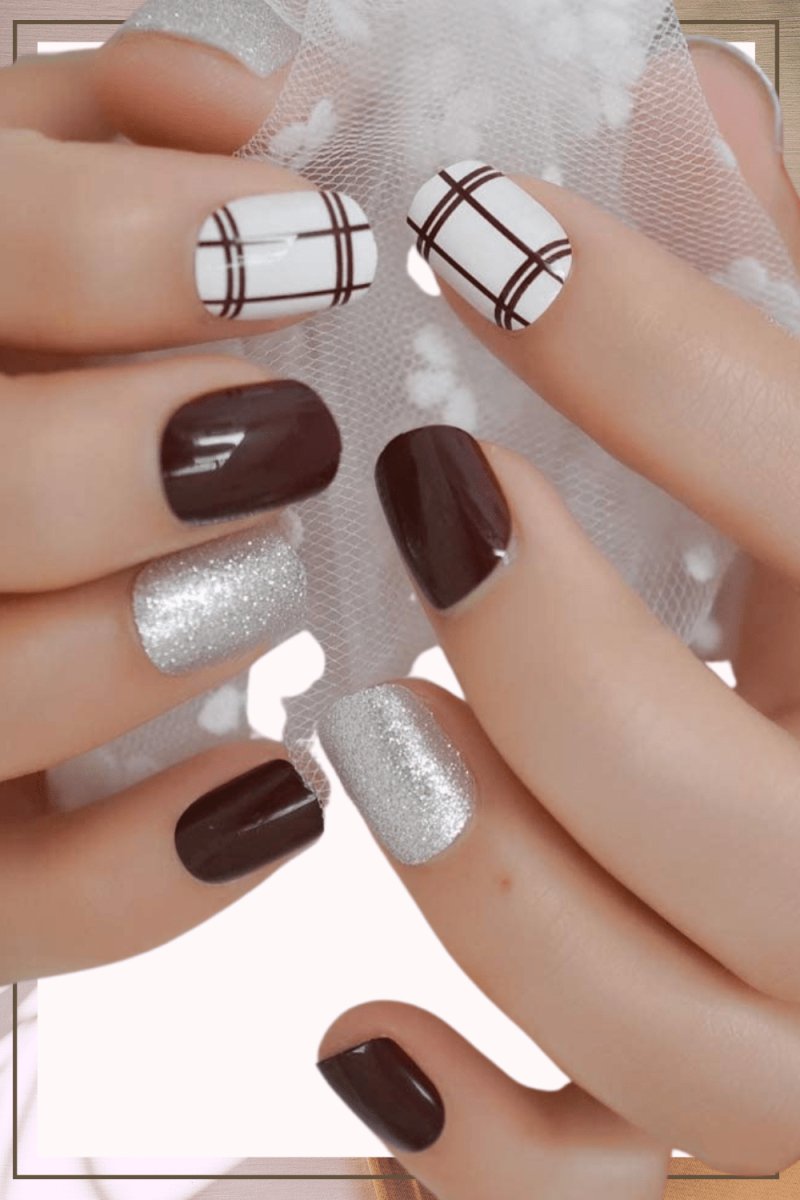 Press On Nails Brown Glossy Square Silver Nail Kit - TGC Boutique - Press On Nails