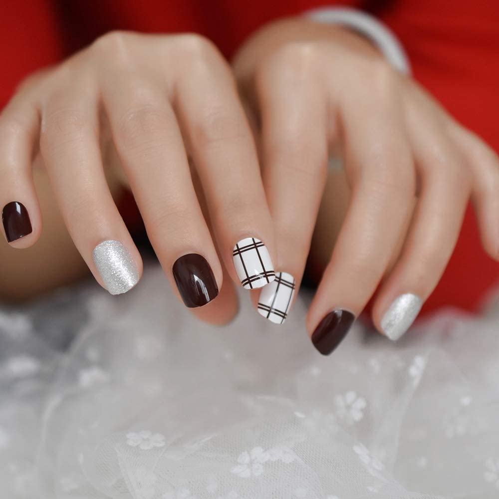 Press On Nails Brown Glossy Square Silver Nail Kit - TGC Boutique - Press On Nails
