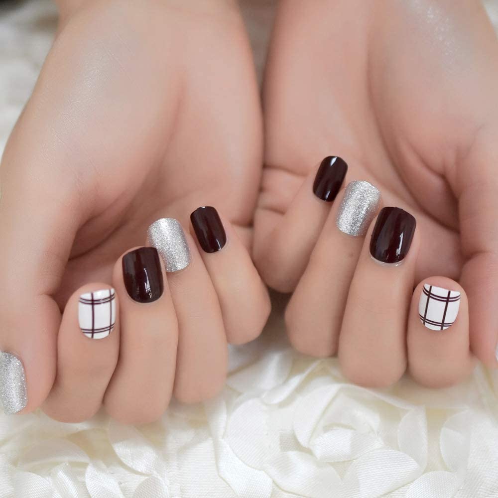 Press On Nails Brown Glossy Square Silver Nail Kit - TGC Boutique - Press On Nails