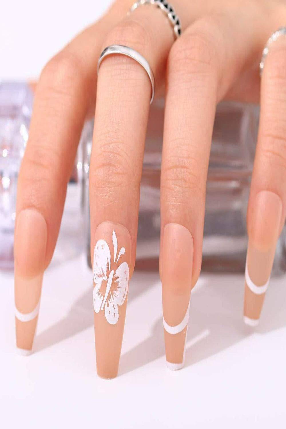 Press On Nails Butterfly Print Pink Matte French Tip Coffin Nail Kit - TGC Boutique - Press On Nails