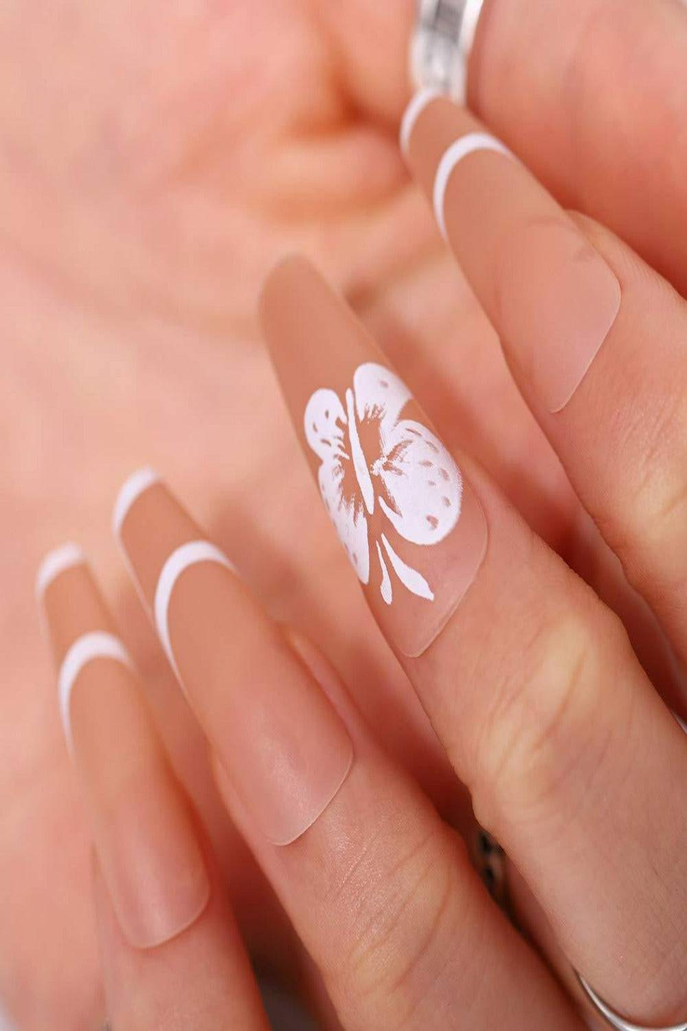 Press On Nails Butterfly Print Pink Matte French Tip Coffin Nail Kit - TGC Boutique - Press On Nails